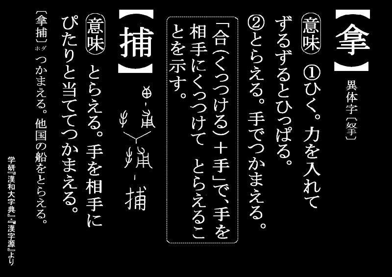 拿捕（だほ）　 海上での事件でだけ使う言葉  